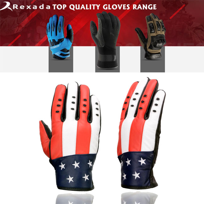  Men's Black Leather i-Touch Screen Compatible Motorcycle Hand Gloves w/ Stars and Stripes