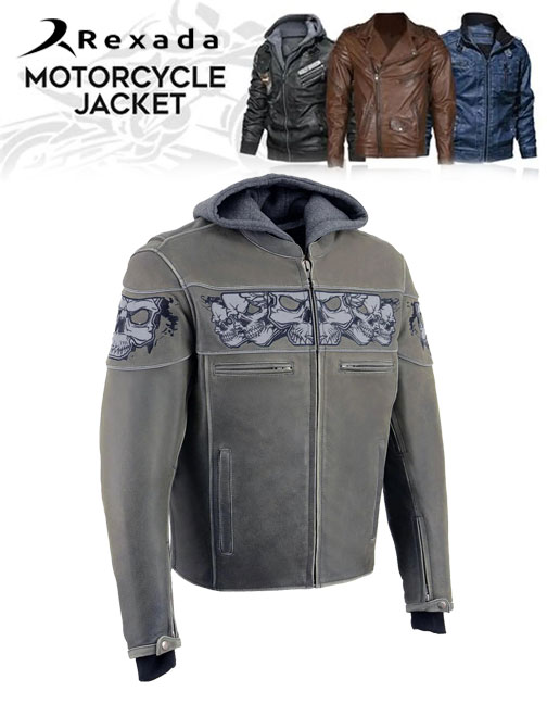 Men's Distressed Grey Leather Jacket with Reflective Skulls