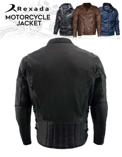 Men's Black Leather Racer Style Side Laced Motorcycle Jacket w/ Ventilation System