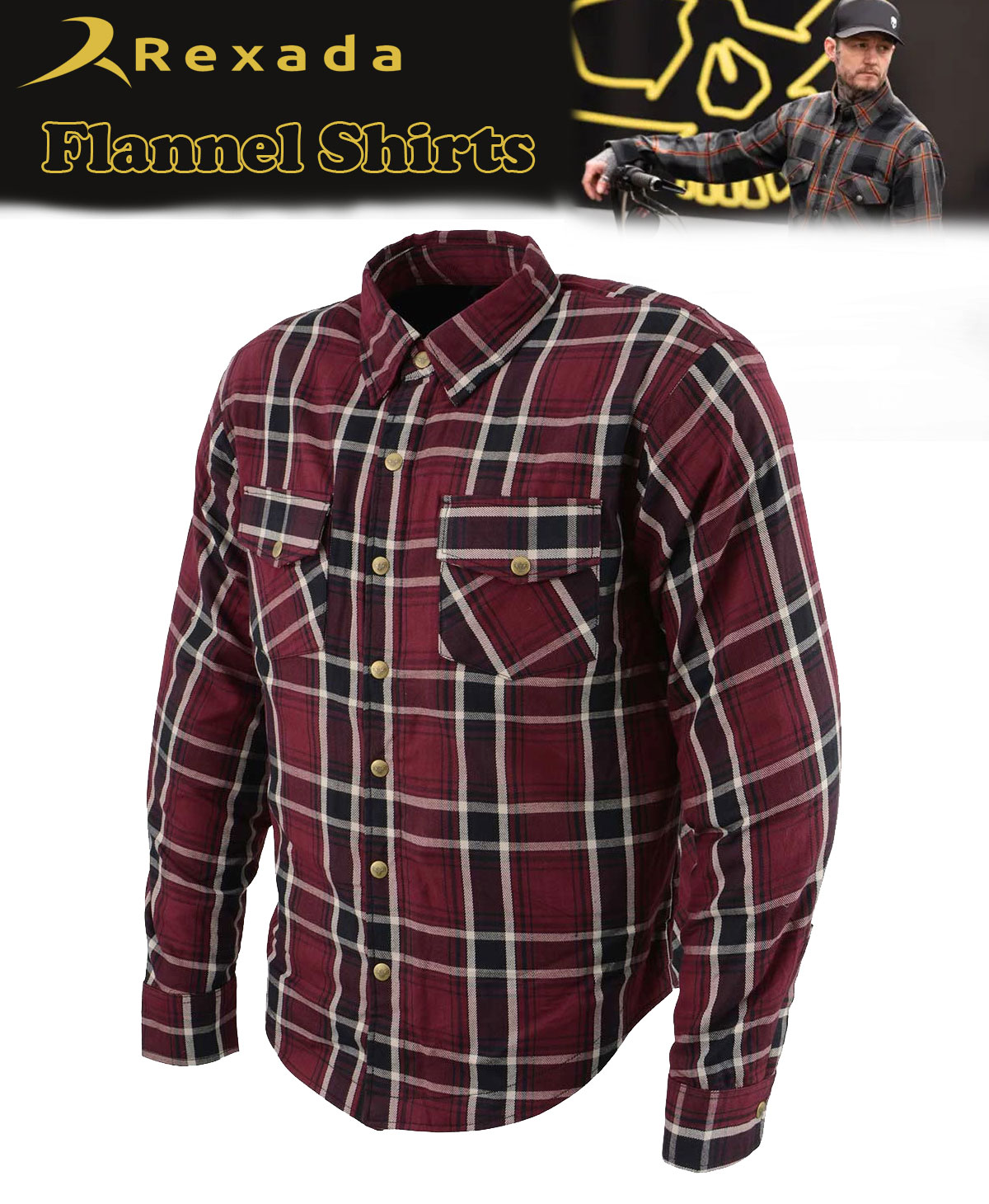 Men’s Plaid Flannel Biker Shirt with CE Approved Armor – Reinforced with Aramid Fiber