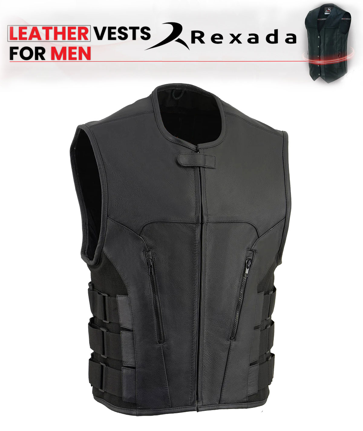  Leather Collarless Club Style Motorcycle Rider Vest w/ Dual Front Closure