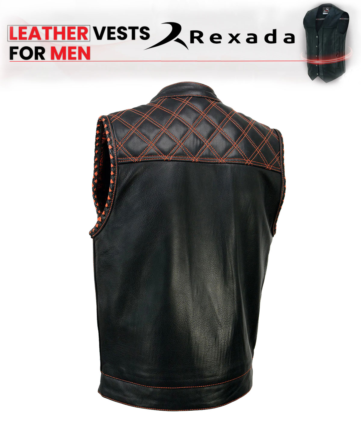 Men's Black 'Paisley' Accented Red Stitching Leather Vest – w/ Armhole Trim Open Collar Design