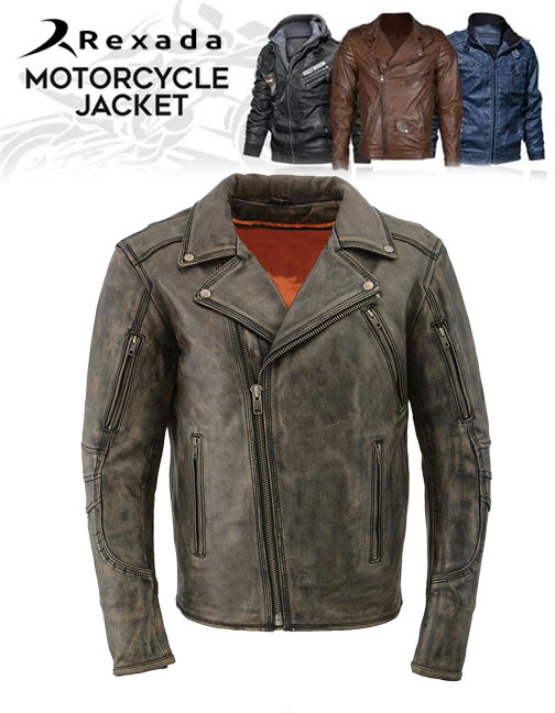 Men's Classic Beltless Distressed Brown Leather Triple Stitched Motorcycle Biker Jacket