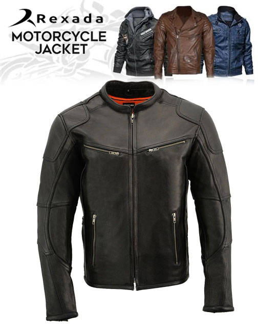 Men's Black Premium Leather Vented Motorcycle Biker Jacket w/ Cool-Tec Leather Treatment Tech