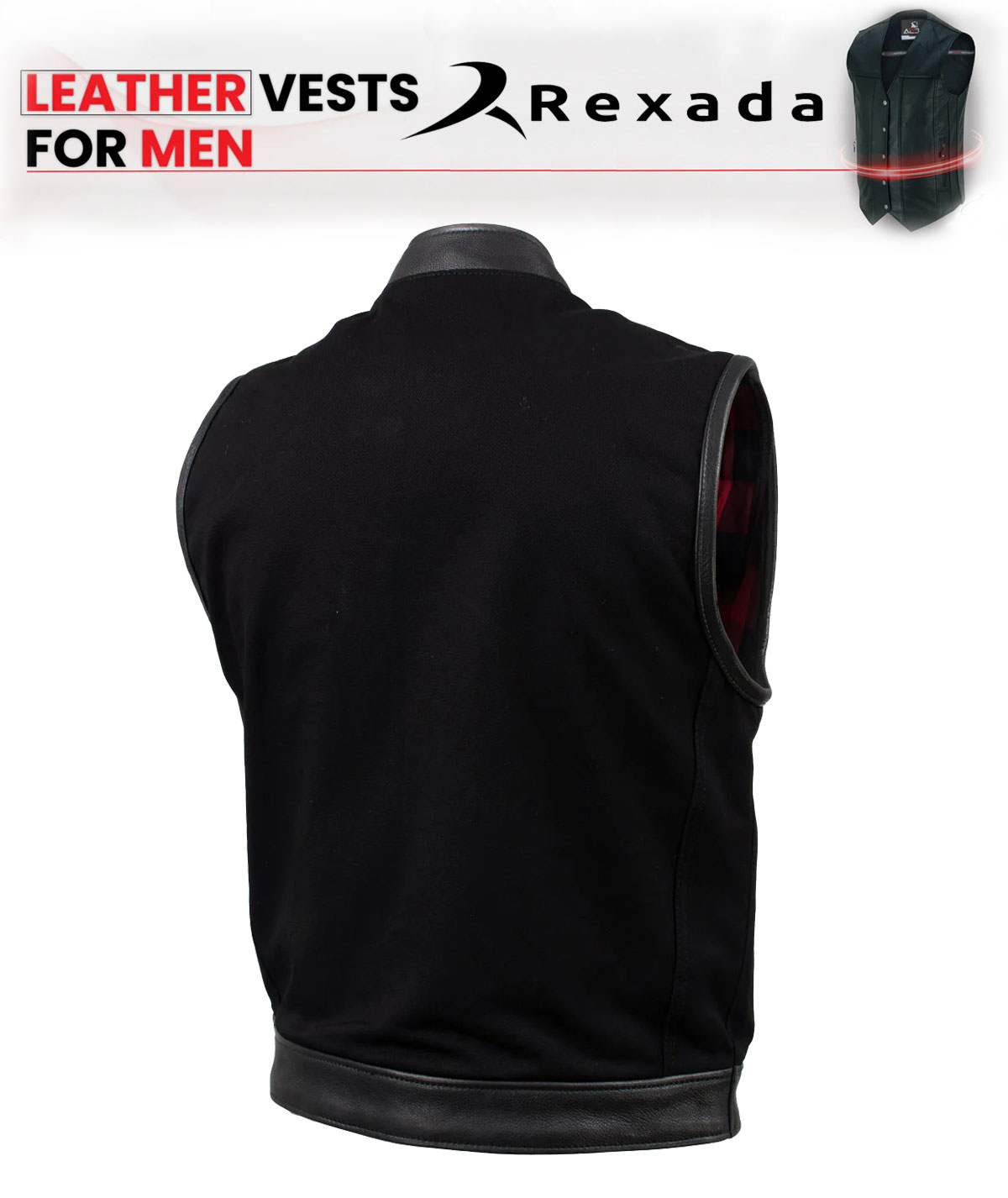 Men's Black Burn Out Denim and Leather Motorcycle Vest with Plaid Red Lining