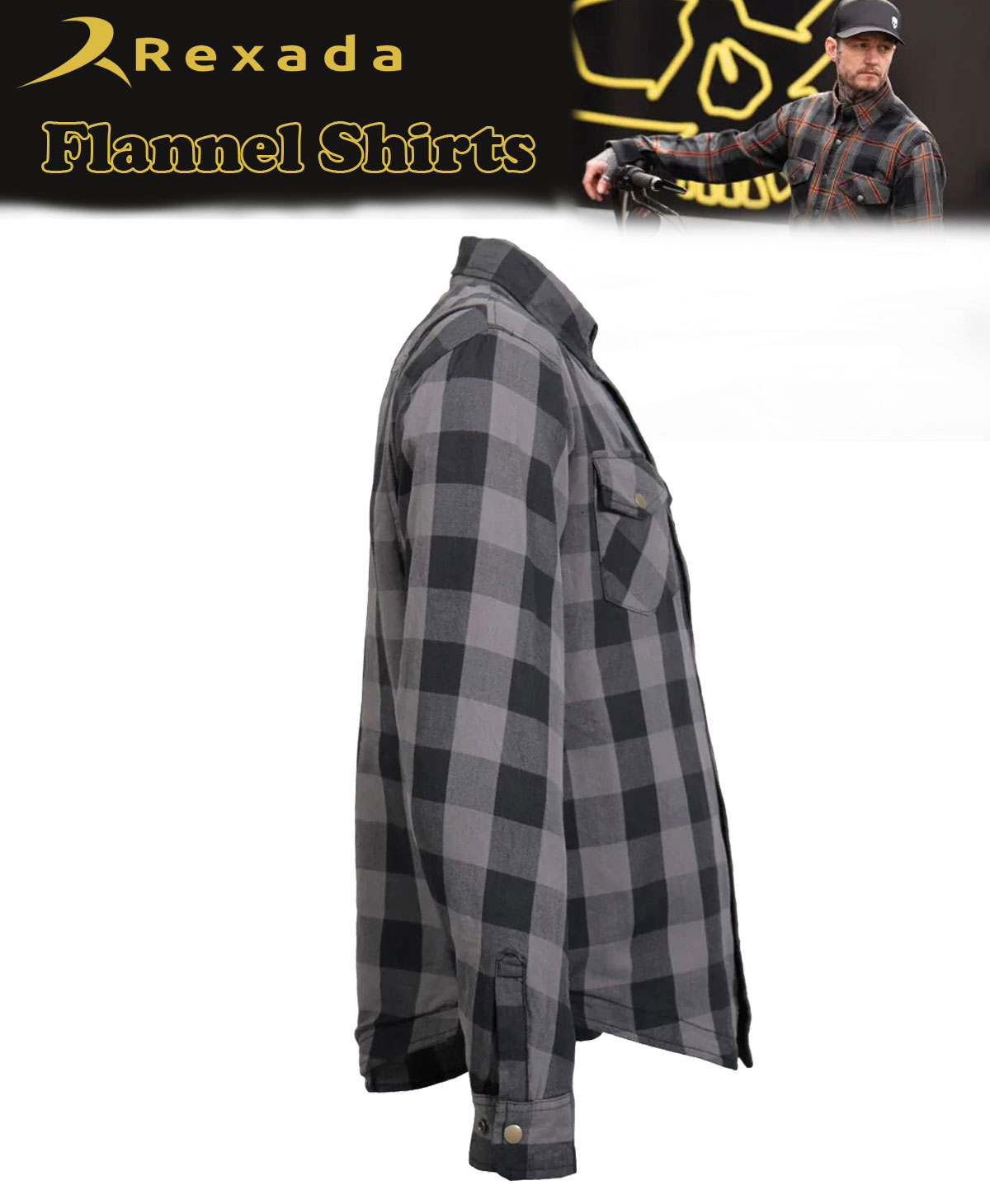 Men's Grey and Black Armored Flannel Motorcycle Shirt
