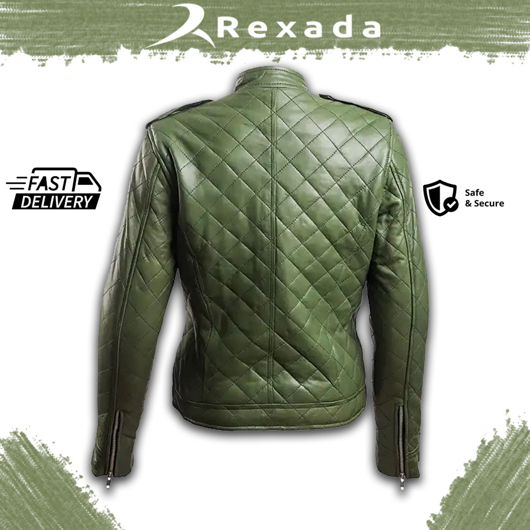 Rexada Eloria Puffer Jacket – Women’s Quilted Faux Leather in Olive Green