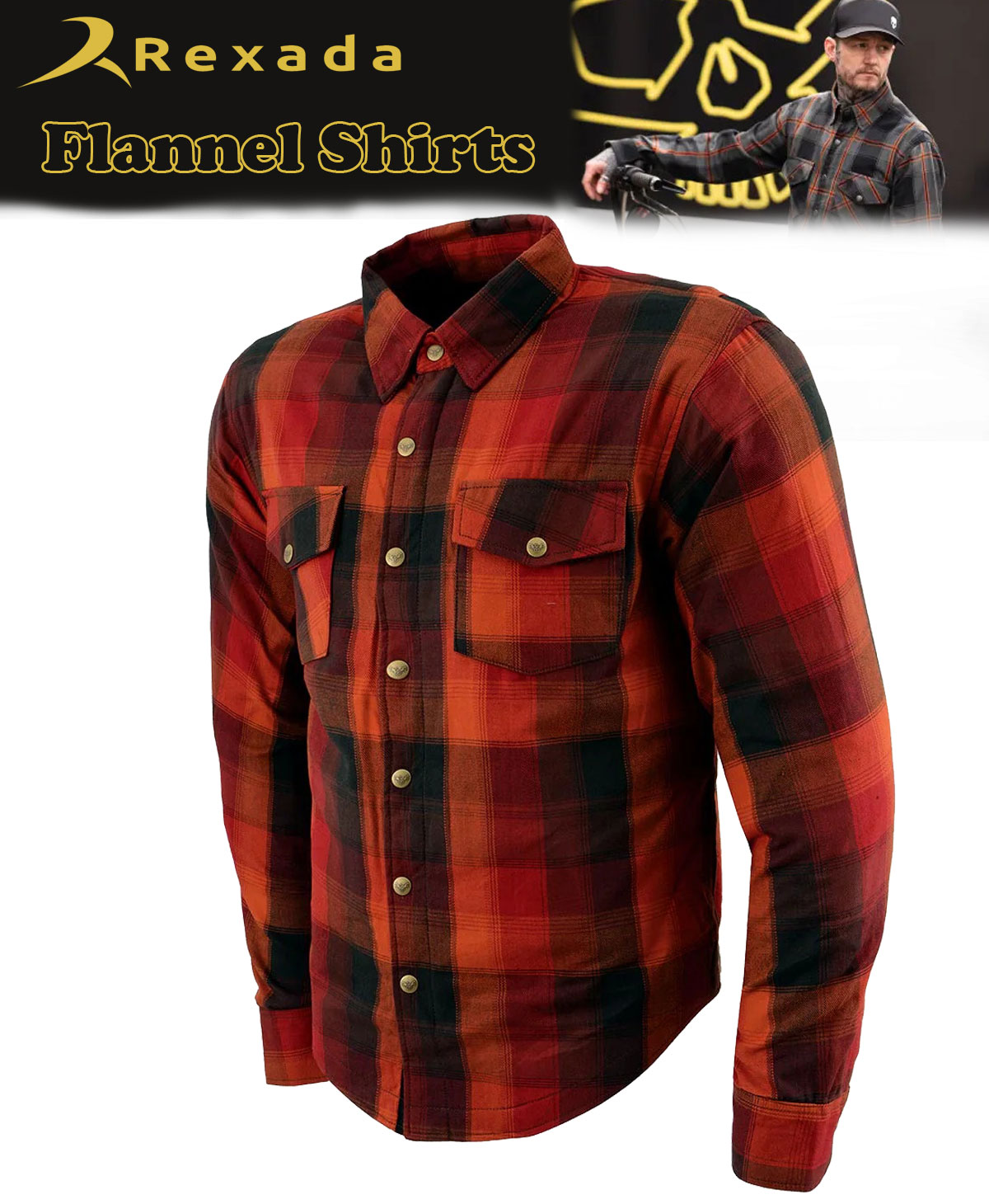 Men’s Plaid Flannel Biker Shirt with CE Approved Armor – Reinforced with Aramid Fiber