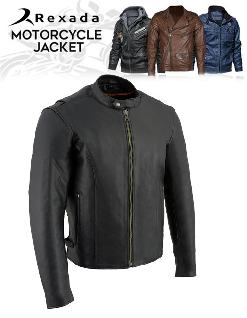  Men's Black Classic Scooter Style Leather Motorcycle Jacket w/ Removable Thermal Liner
