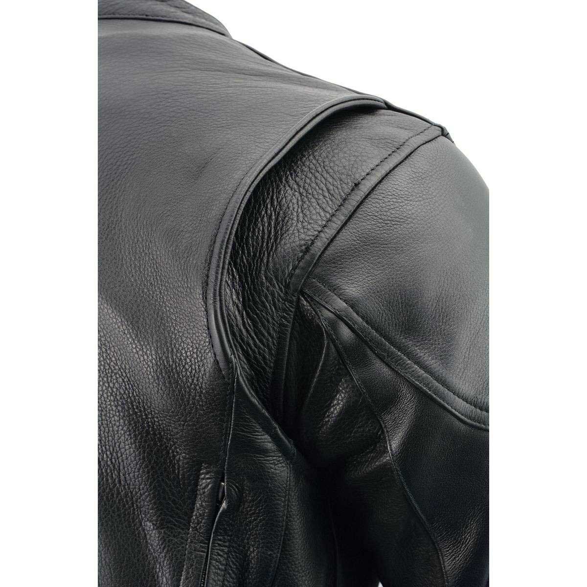 Men's Black Leather Racer Style Side Laced Motorcycle Jacket w/ Ventilation System