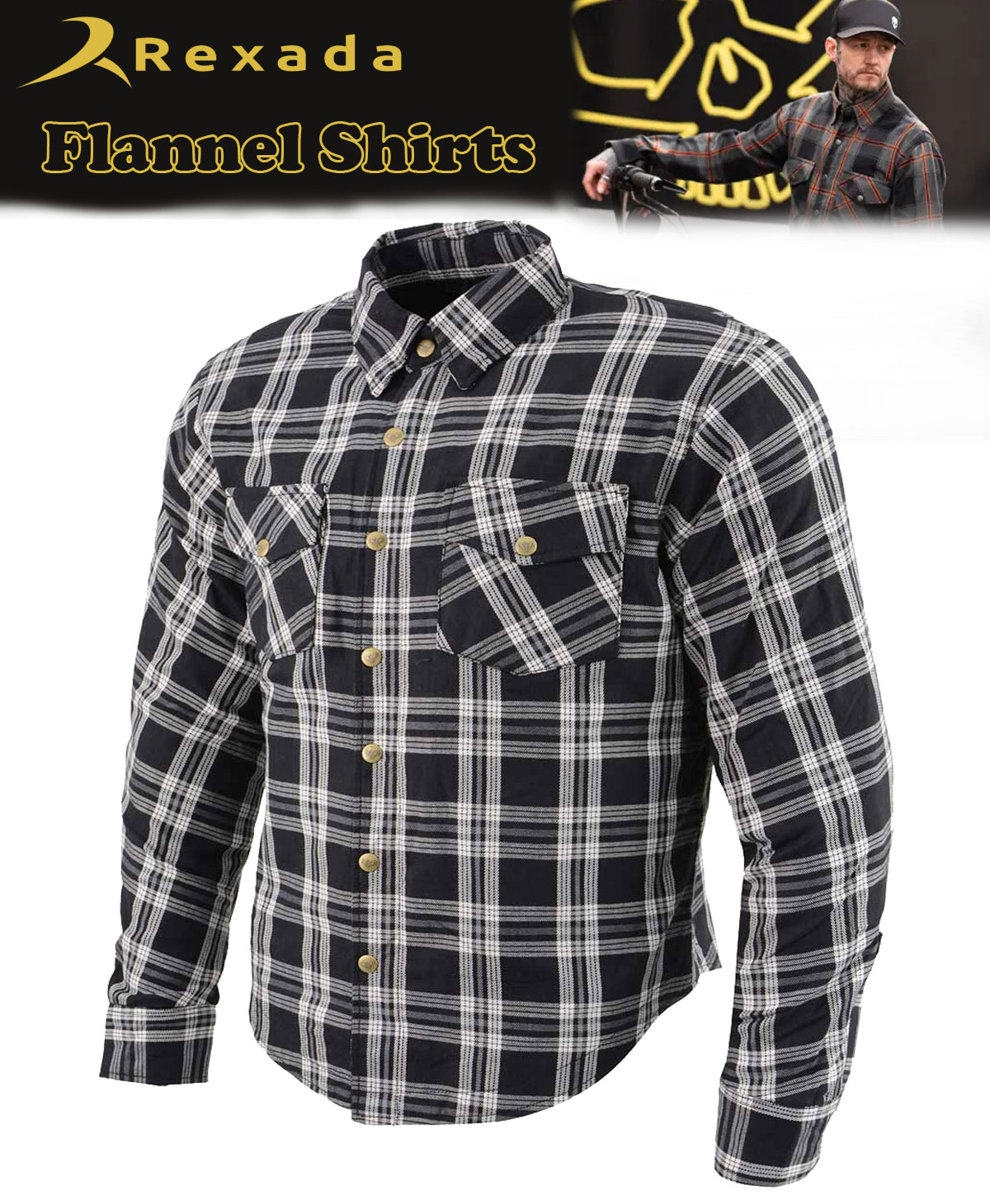 Men’s Plaid Flannel Biker Shirt with CE Approved Armor – Reinforced with Aramid Fiber