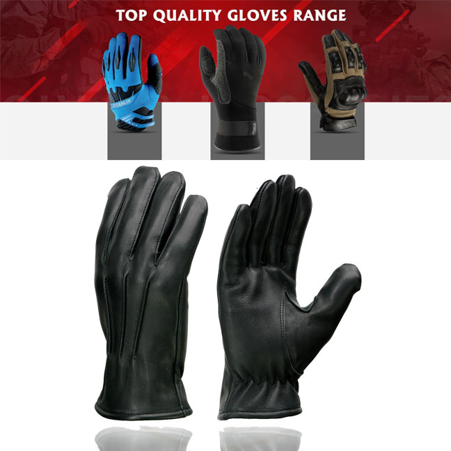 Men's Black Unlined Leather Lightweight Motorcycle Hand Gloves W/ Wrist Zipper Closure