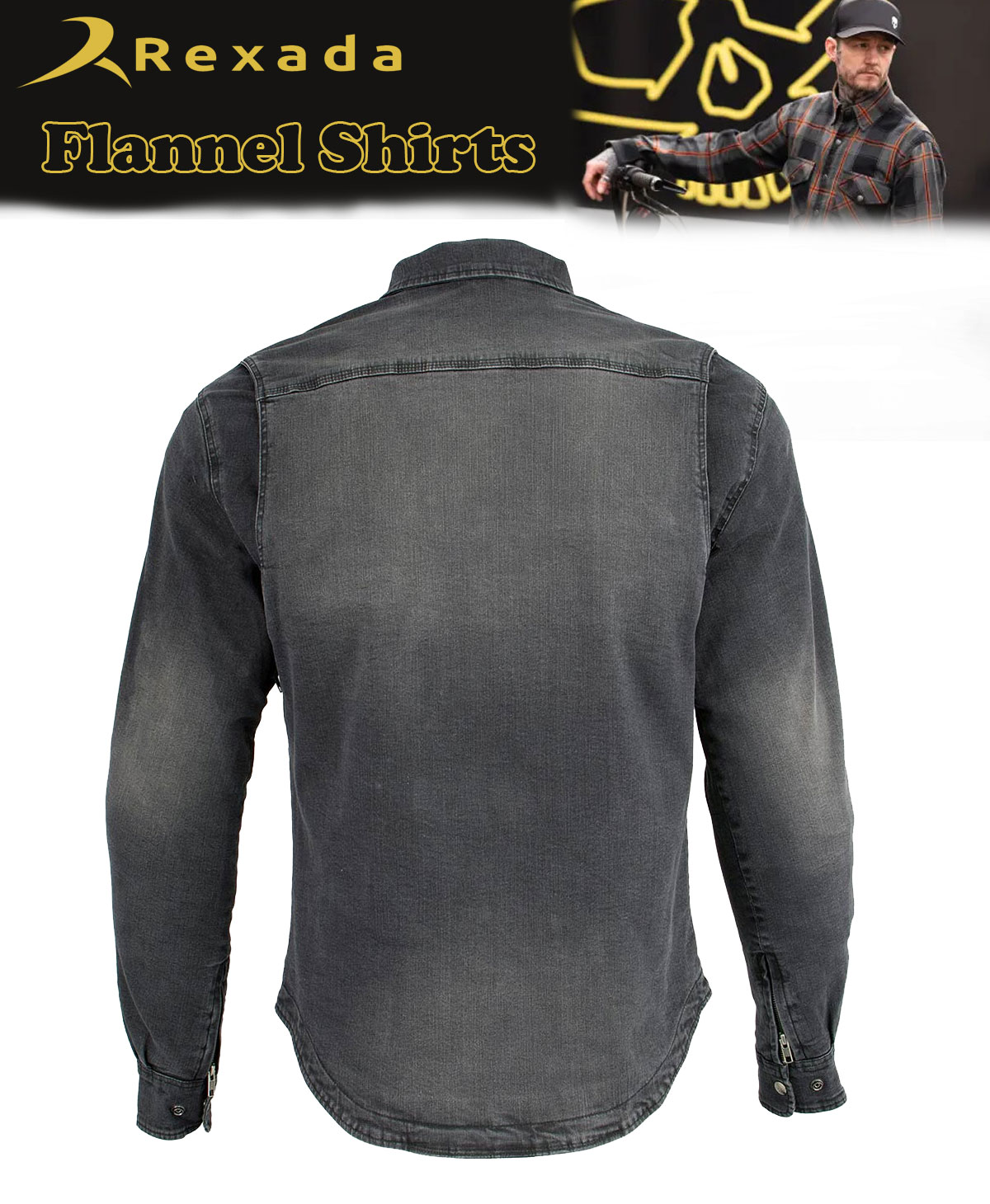 Men's Black Flannel Biker Shirt w/ CE Approved Armor – Reinforced with Aramid Fibers