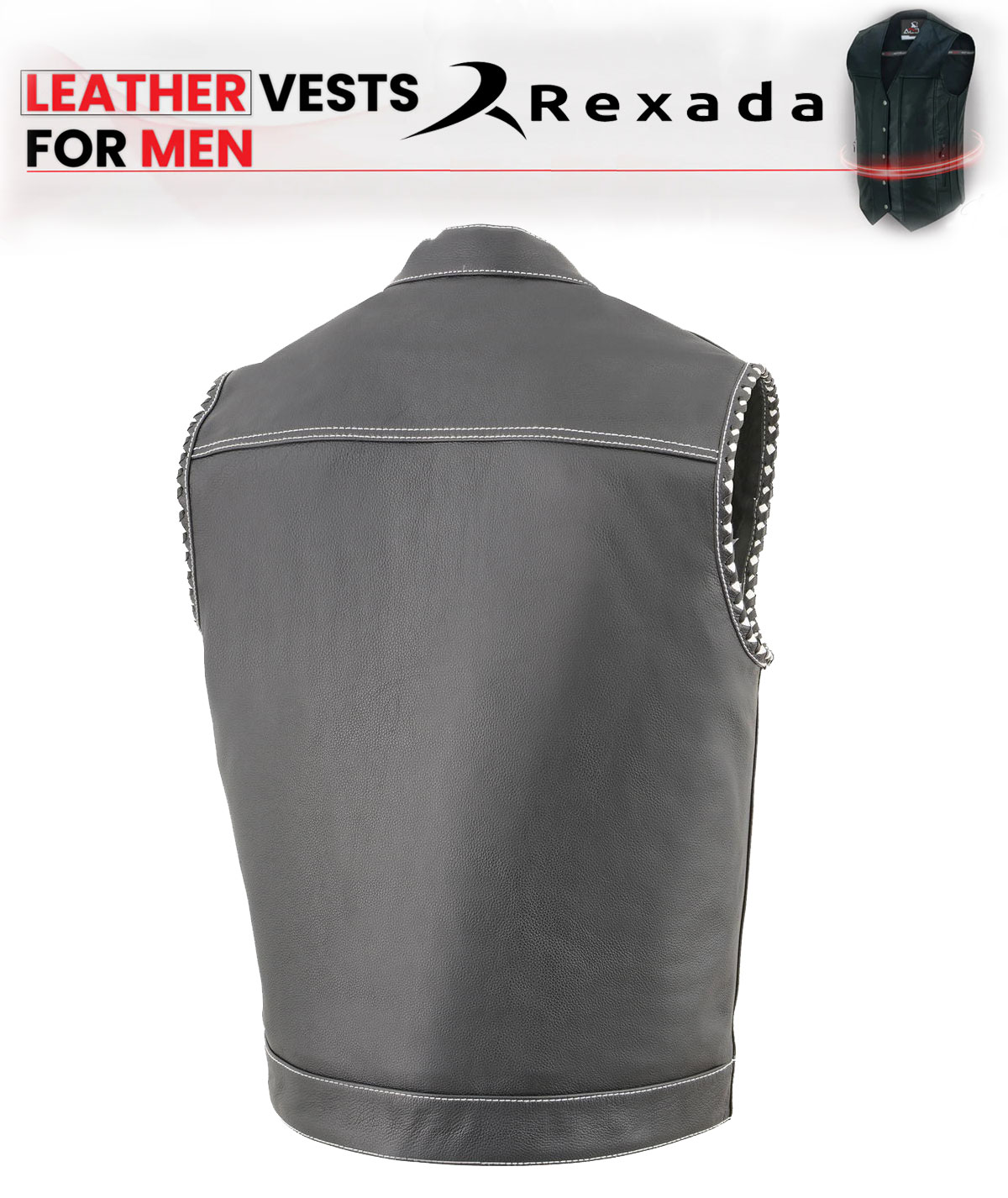  Men's Black Premium Leather Vest - Old Glory Laced Armholes White Stitching Club Style Vest