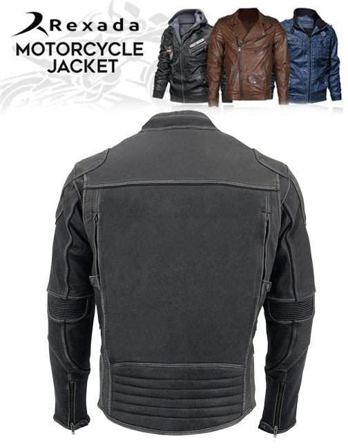 Mens Vintage Distressed Grey Leather Scooter Style Motorcycle Jacket - Reflective Piping
