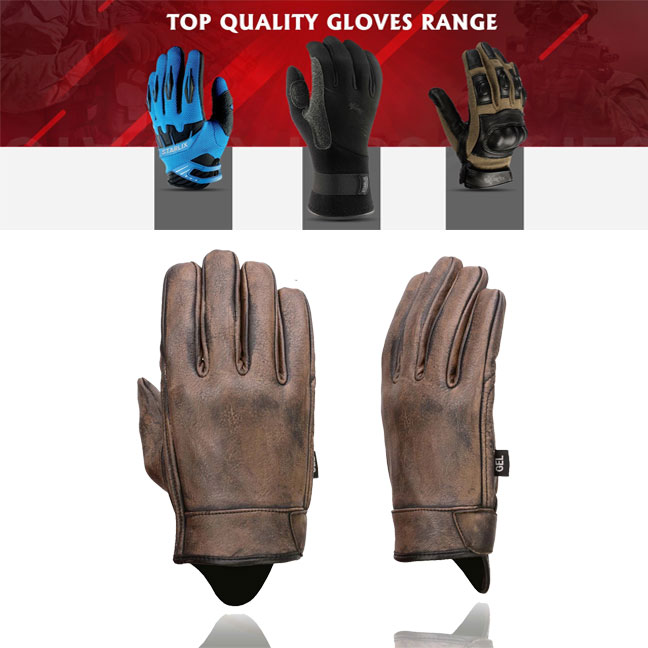 Men's Brown Leather Gel Padded Palm Short Wrist Motorcycle Hand Gloves W/ ‘Full Panel Cover’