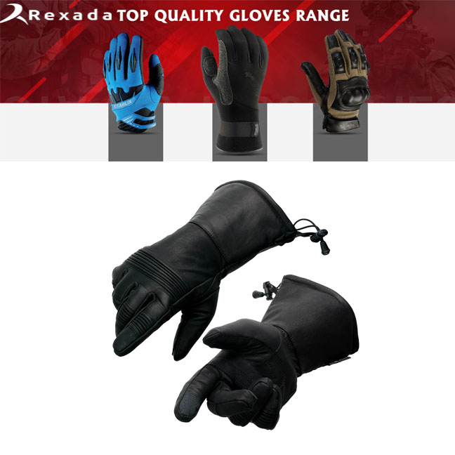 Men's Black Leather Waterproof Gauntlet Gloves with Stretch Knuckles