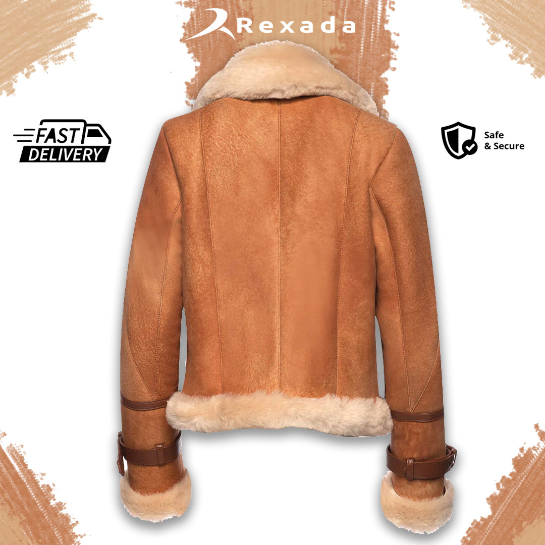 Elara Women’s Vintage Shearling Bomber Jacket – Tan Leather Style