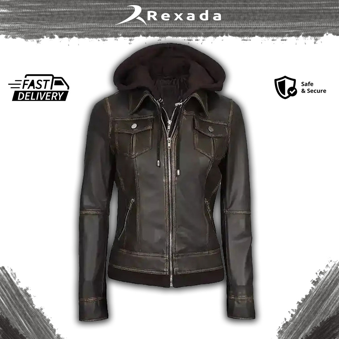 Rexada Noir Aura Women’s Hooded Leather Jacket – Bold Elegance. Modern Edge.