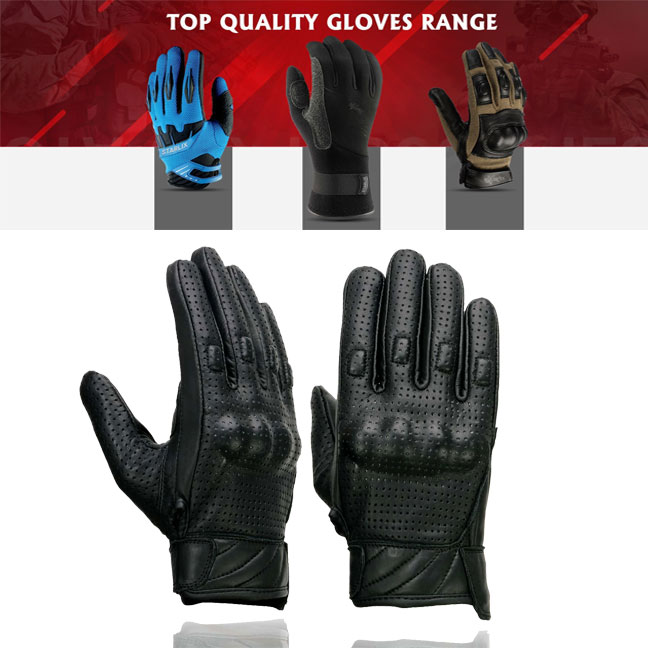 Men's Black Perforated Leather Gel Padded Palm Motorcycle Hand Gloves W/ 'Rubberized Hard Knuckle’ For Protection  