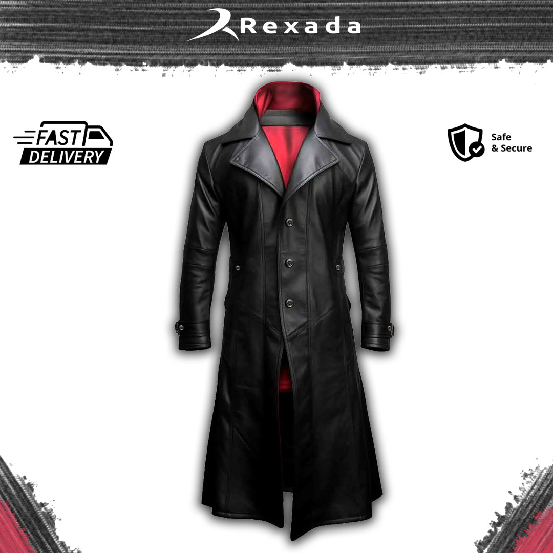 Rexada Men’s Genuine Goatskin Black Leather Trench Coat – Timeless Elegance, Modern Authority