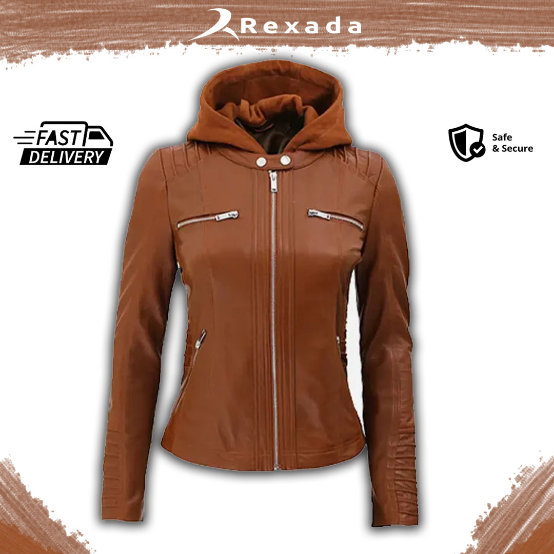 Rexada Aurora Women’s Hooded Leather Biker Jacket – Bold. Fearless. Refined.