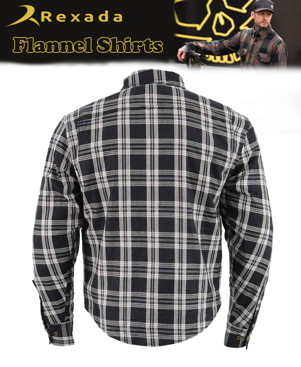 Men’s Plaid Flannel Biker Shirt with CE Approved Armor – Reinforced with Aramid Fiber