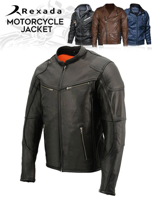 Men's Black Premium Leather Vented Motorcycle Biker Jacket w/ Cool-Tec Leather Treatment Tech