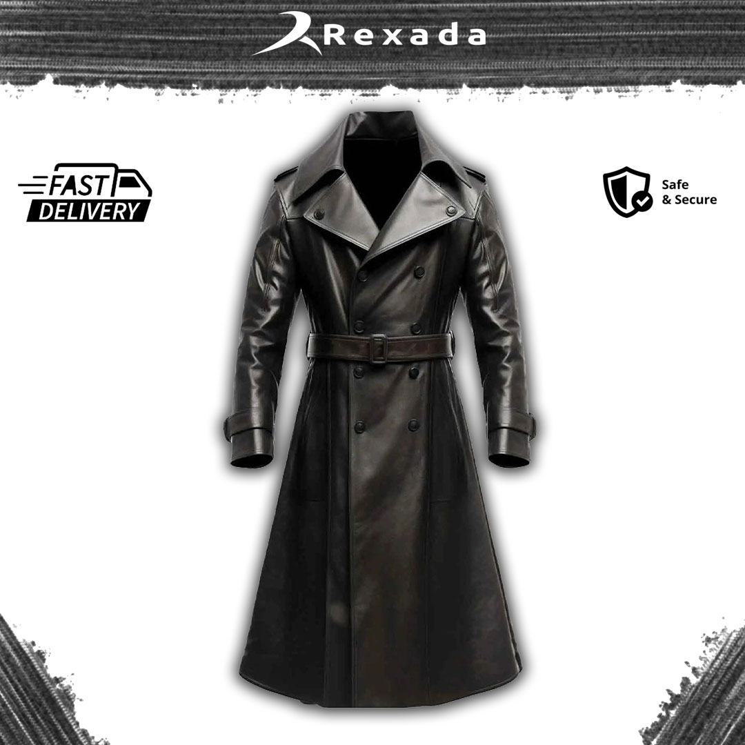Rexada Men’s Black Long Lambskin Leather Trench Coat – Sophisticated. Sleek. Unforgettable.