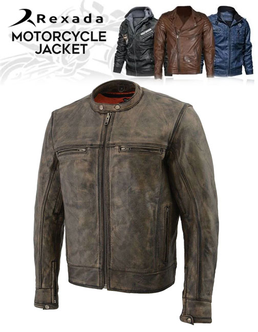 Men's Vented Black-Beige Distressed Leather Scooter Style Motorcycle Jacket w/ Liner  