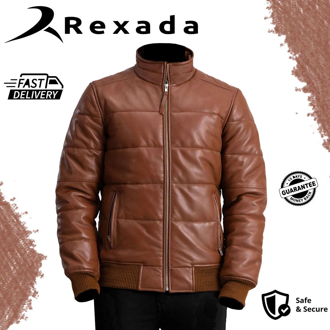 Aero Brown Leather Puffer Bomber Jacket | Stylish Men’s Winter Outerwear
