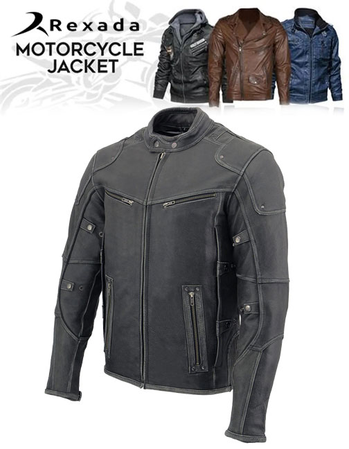 Mens Vintage Distressed Grey Leather Scooter Style Motorcycle Jacket - Reflective Piping