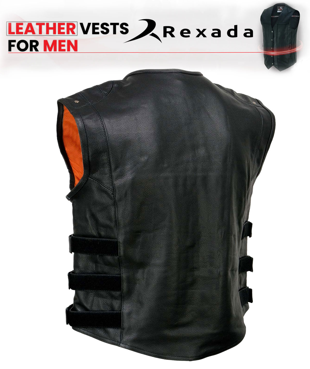 Men's Black Premium Leather V-Neck Motorcycle Rider Vest w/ Buffalo Nickel Snaps Closure
