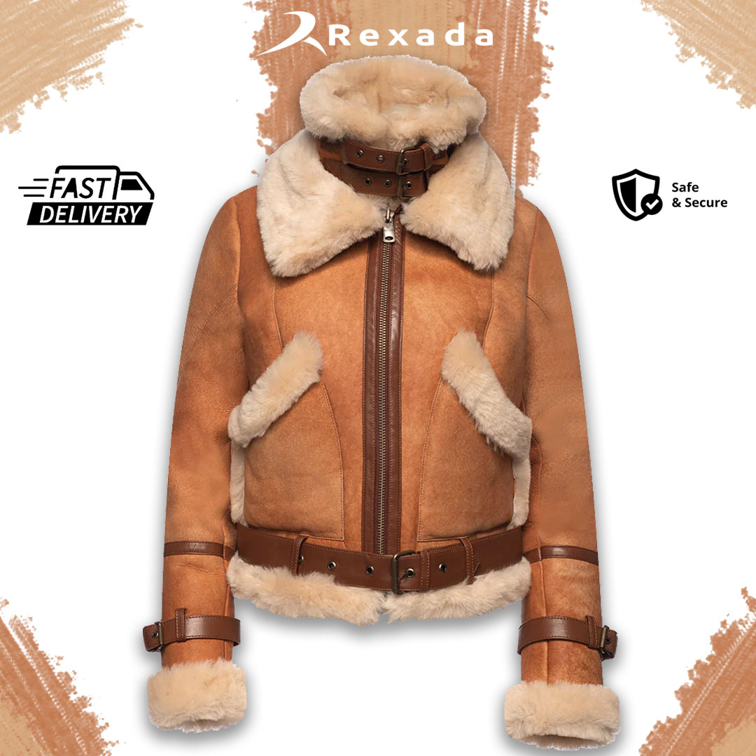 Elara Women’s Vintage Shearling Bomber Jacket – Tan Leather Style
