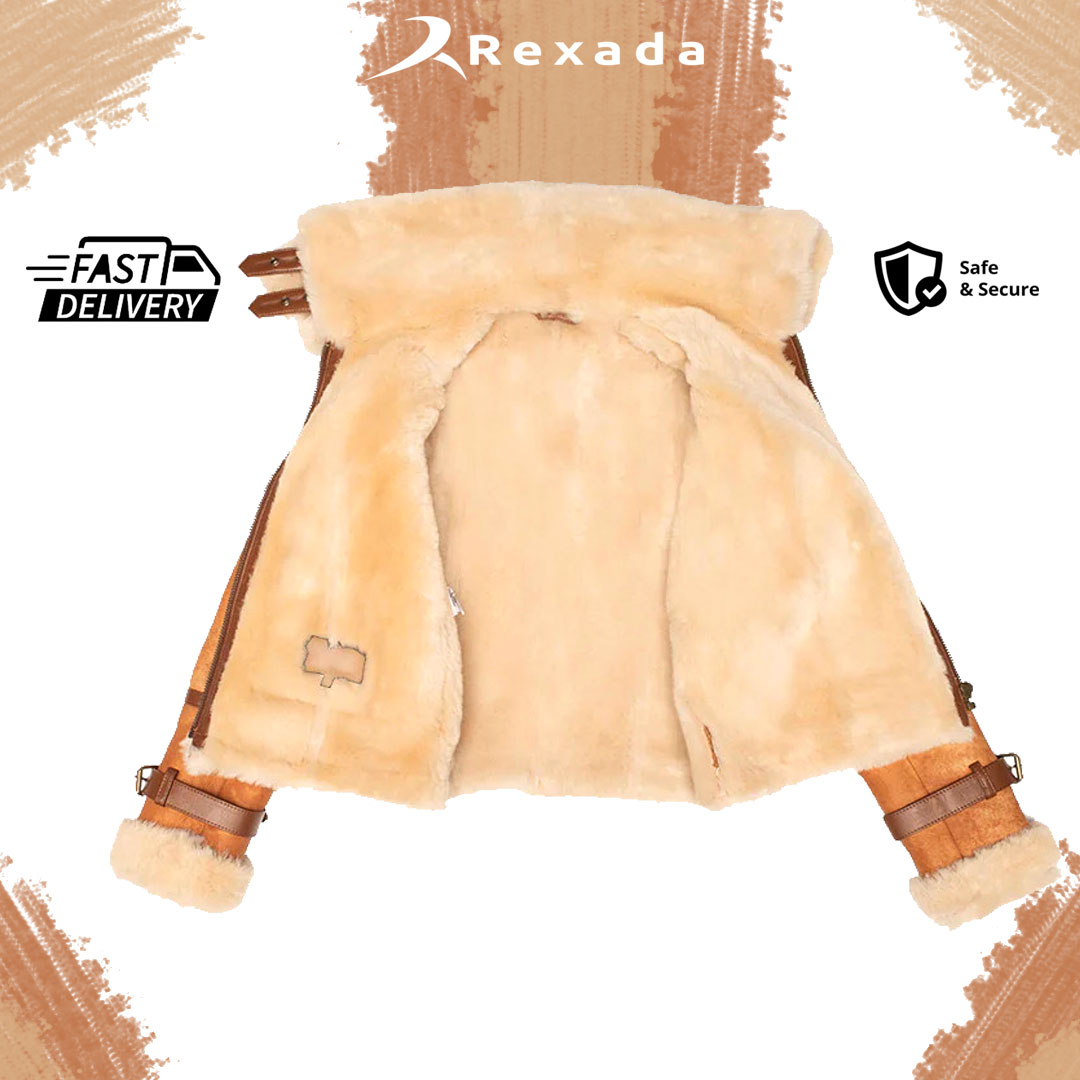 Elara Women’s Vintage Shearling Bomber Jacket – Tan Leather Style