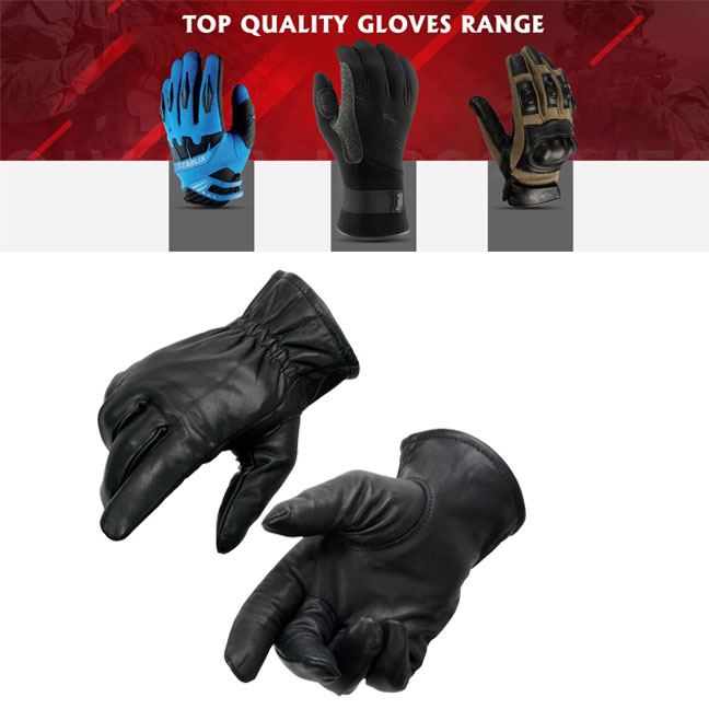 Men's Black Thermal Lined Leather Motorcycle Gloves w/ Cinch Wrist Closure