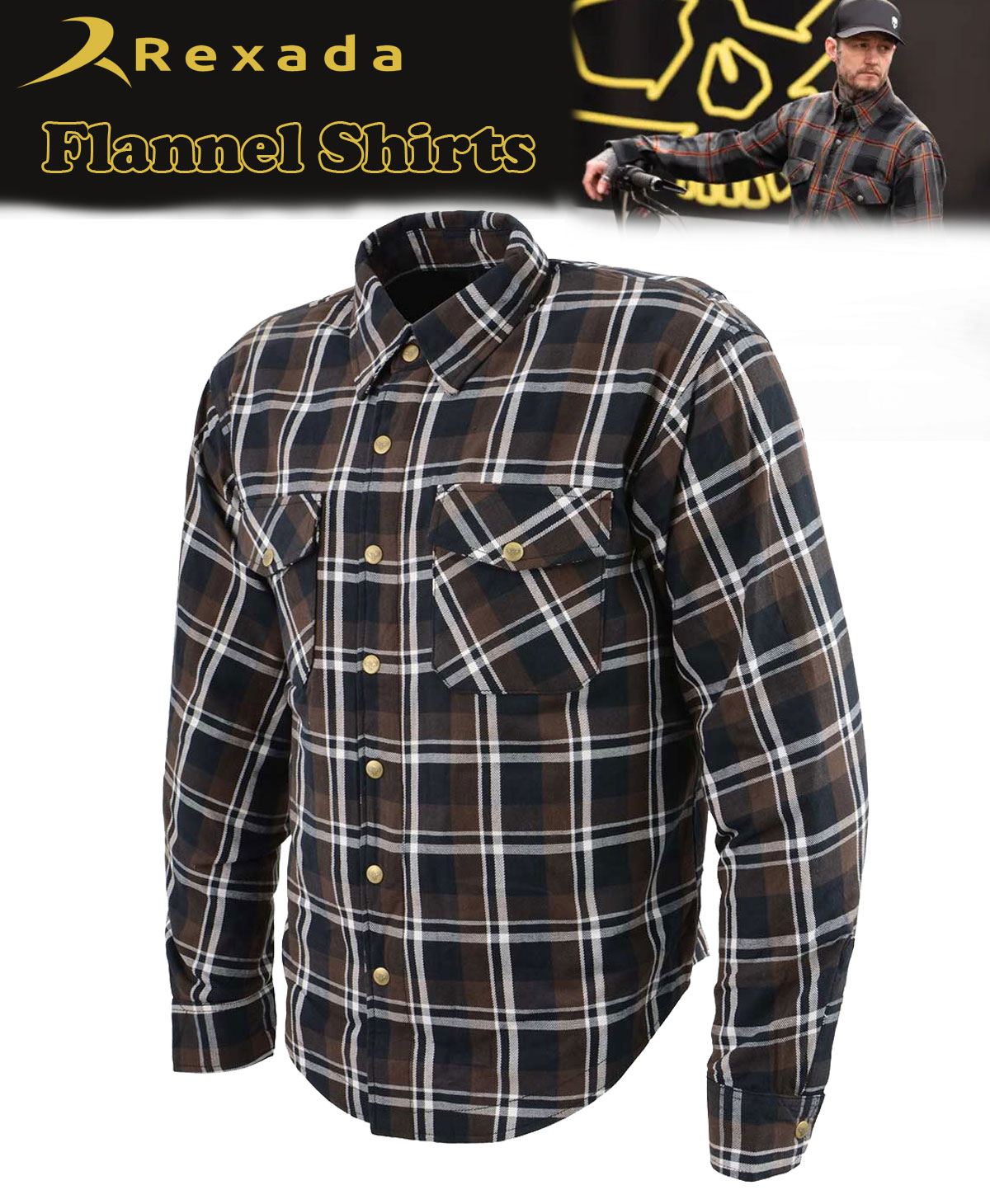 Men’s Plaid Flannel Biker Shirt with CE Approved Armor – Reinforced with Aramid Fiber
