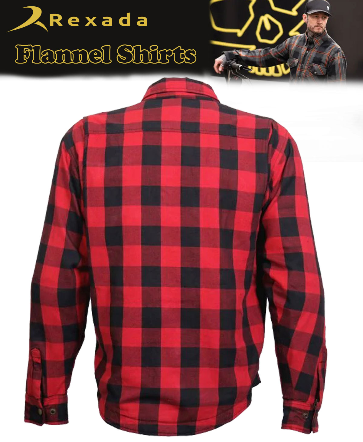 Men’s Red and Black Armored Flannel Motorcycle Shirt-Jacket with CE Armor Protection