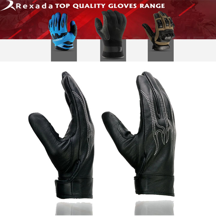 Men's Black Leather ‘White Flame’ Cruising Hand Gloves W/ Gel Palm