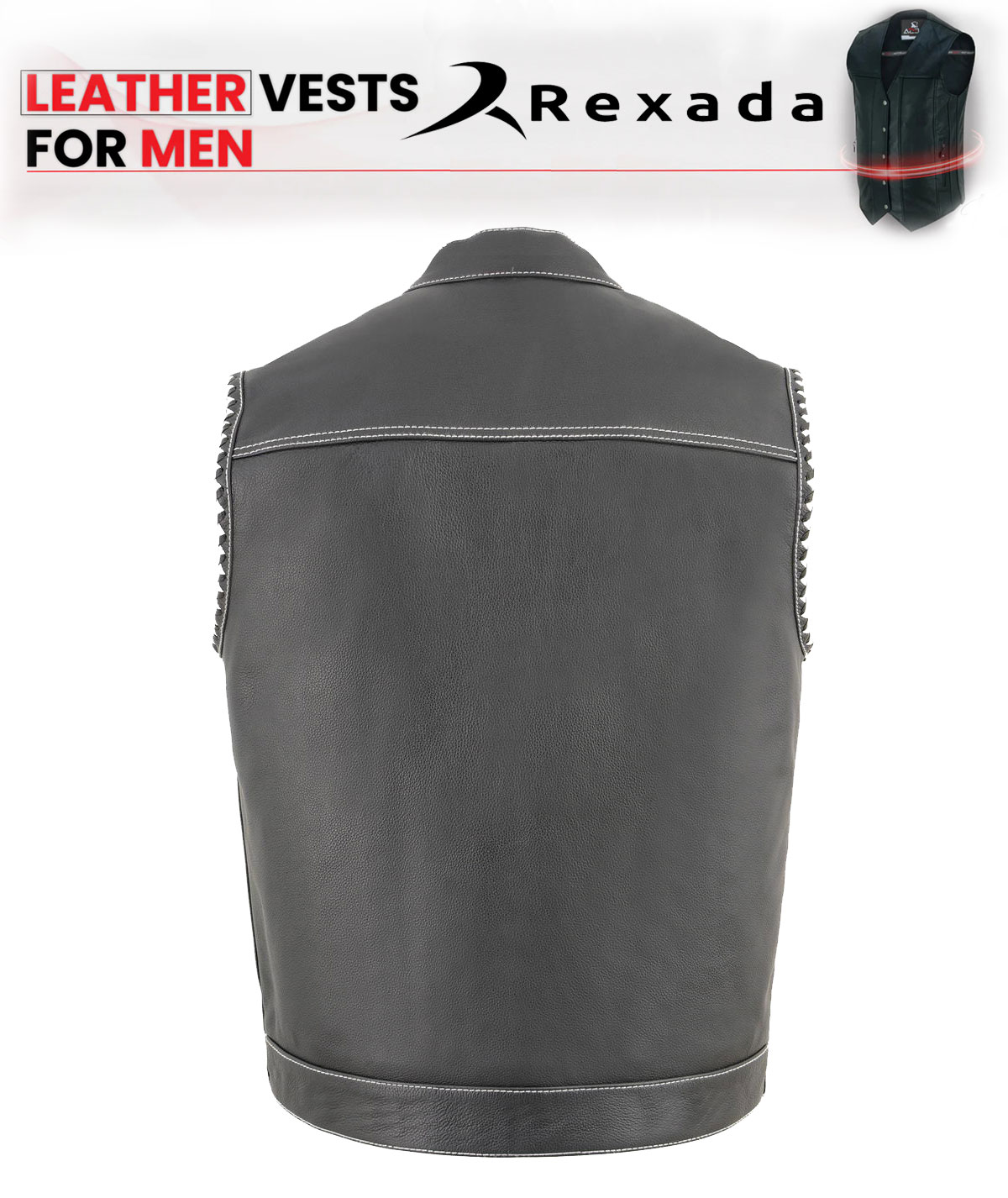  Men's Black Premium Leather Vest - Old Glory Laced Armholes White Stitching Club Style Vest