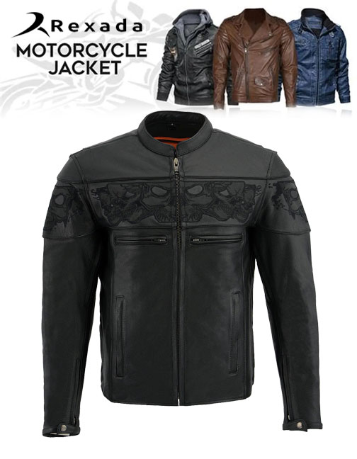 Men's Crossover Black Leather Scooter Jacket with Reflective Skulls