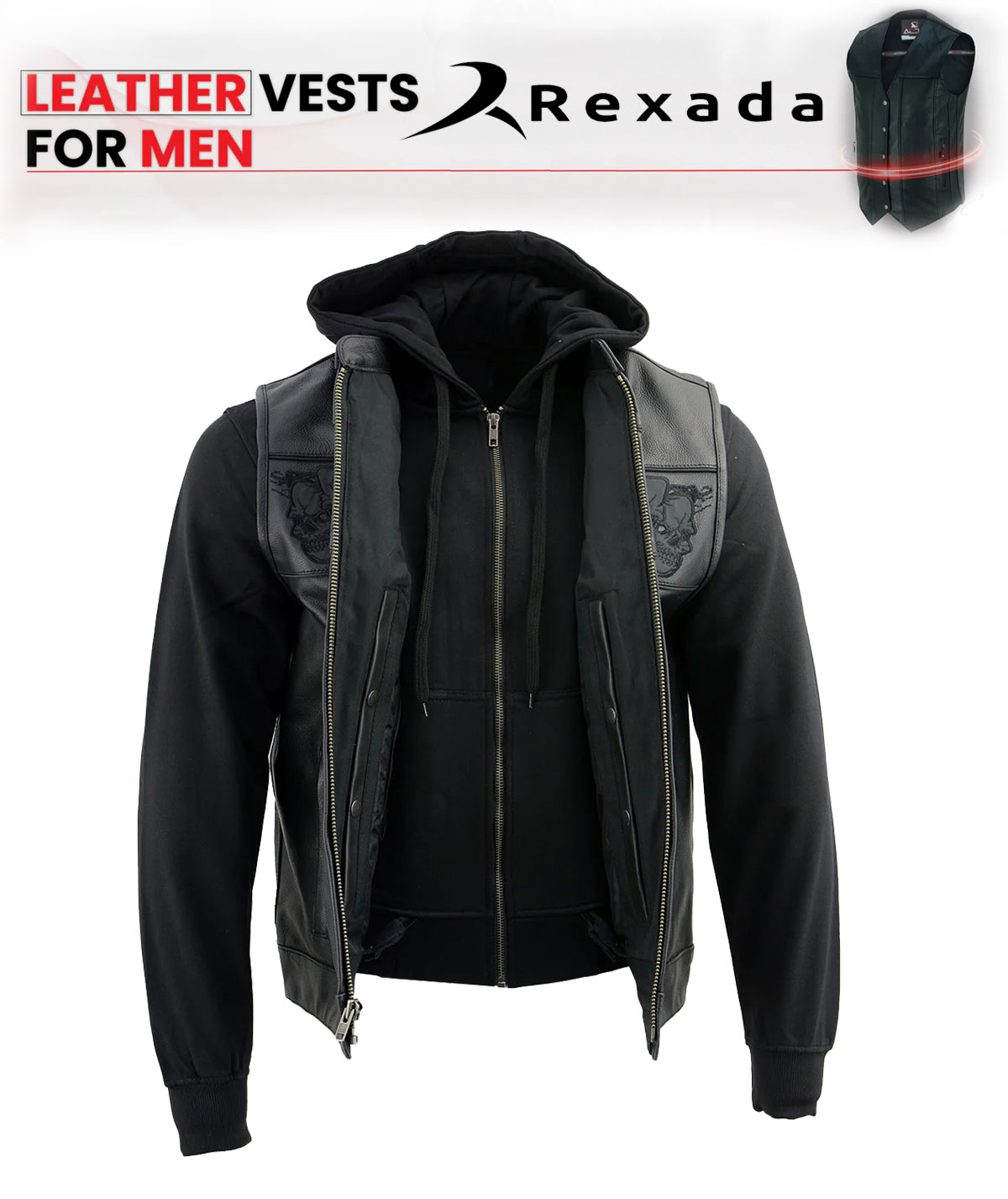  Men's Black Club Style '2 in 1' Zipper Leather Vest with Removable Full Sleeve Hoodie