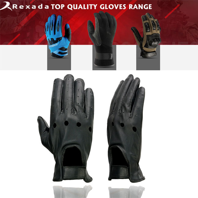 Men's Black Perforated Leather Full Finger Motorcycle Hand Gloves W/ Breathable ‘Open Knuckle’