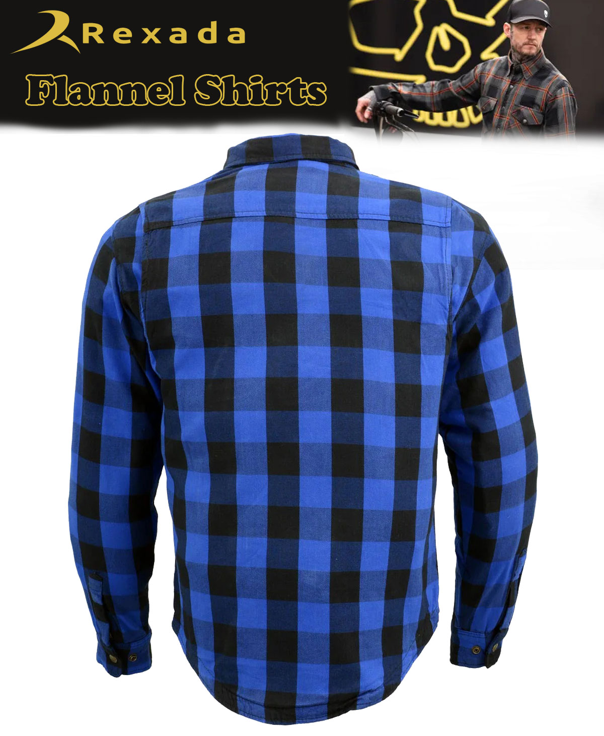 Men’s Plaid Blue Flannel Biker Shirt with CE Approved Armor – Reinforced with Aramid Fiber