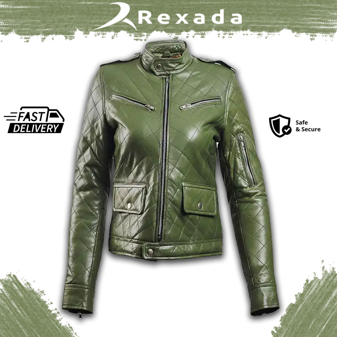 Rexada Eloria Puffer Jacket – Women’s Quilted Faux Leather in Olive Green