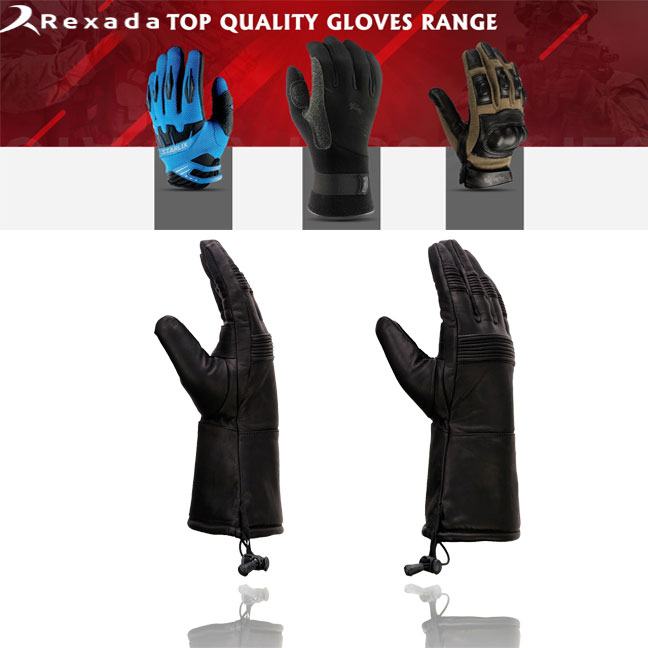 Men's Black Leather Waterproof Gauntlet Gloves with Stretch Knuckles