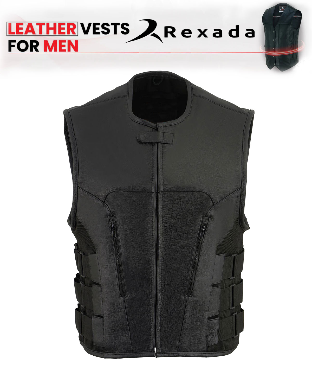 Leather Collarless Club Style Motorcycle Rider Vest w/ Dual Front Closure