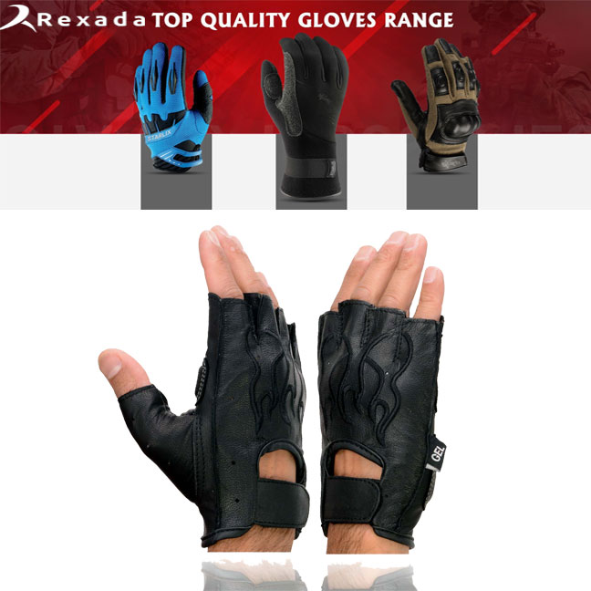  Men's Black Leather Gel Padded Palm Fingerless Motorcycle Hand Gloves W/ ‘Open Knuckle’ & Detailing