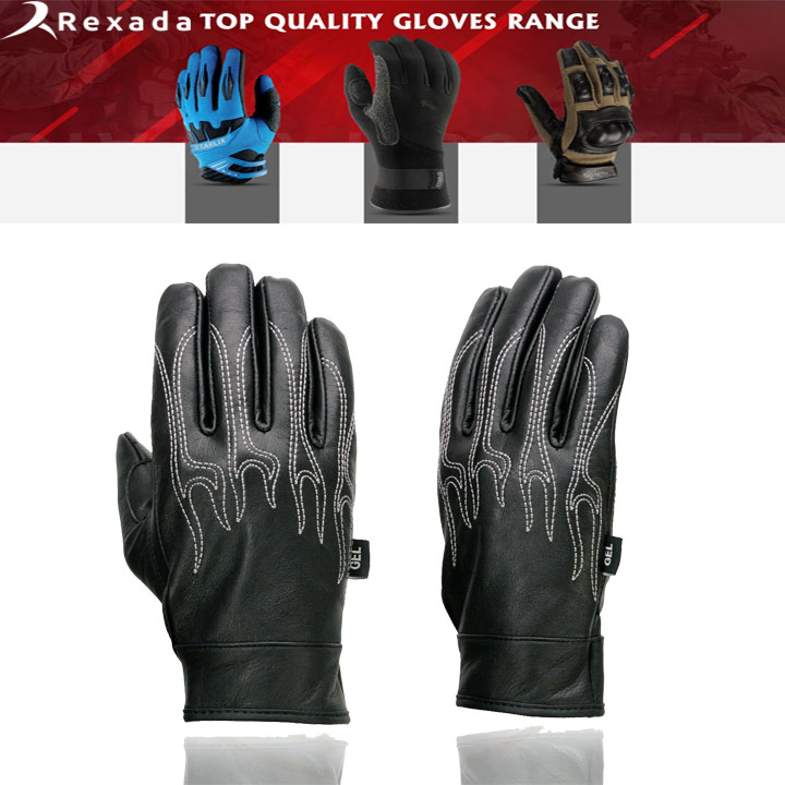 Men's Black Leather ‘White Flame’ Cruising Hand Gloves W/ Gel Palm