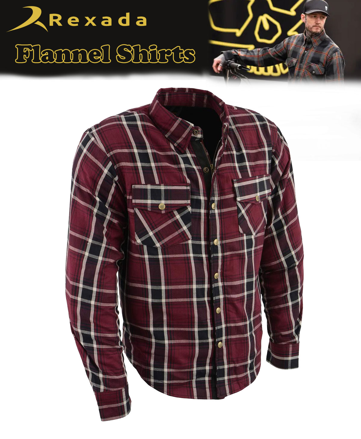 Men’s Plaid Flannel Biker Shirt with CE Approved Armor – Reinforced with Aramid Fiber